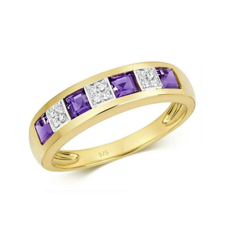 Real Amethyst and Diamond Eternity Ring Solid Yellow Gold Square Princess Band
