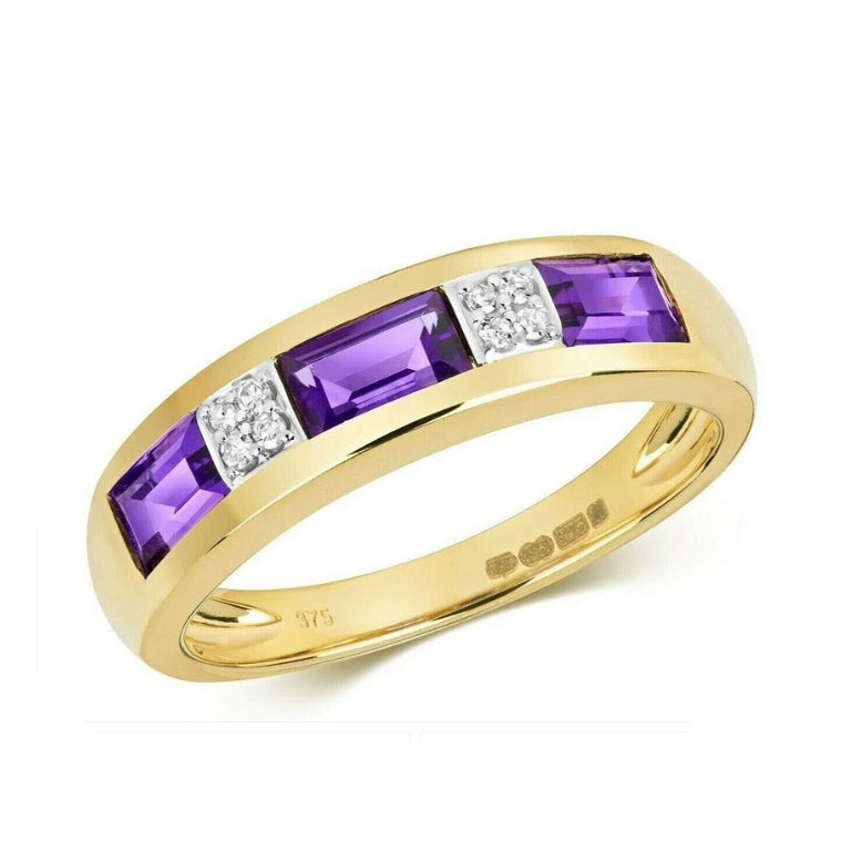 9ct Yellow Gold Real Amethyst and Diamond Eternity Ring Band Anniversary