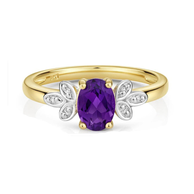 Real Amethyst and Diamond Ring Leaf Design Shoulders 9ct Yellow Gold Size J - Q