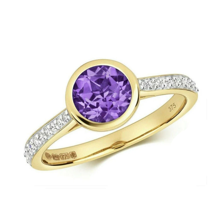 Real Amethyst and Diamond Ring Solid Yellow Gold Flush Solitaire Size JKLMNOPQ