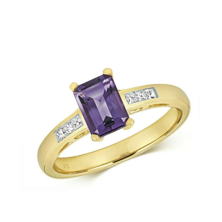 Real Amethyst and Diamond Ring 9ct Yellow Gold Solitaire Size JKLMNOPQ