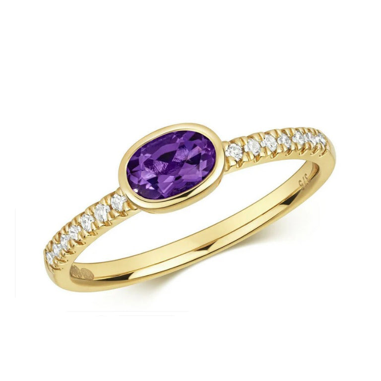 Real Amethyst and Diamond Ring Solid Yellow Gold Oval Solitaire Size J - Q