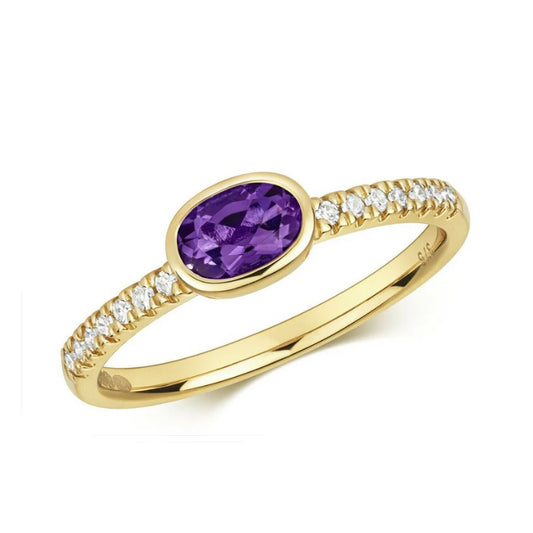 Real Amethyst and Diamond Ring Solid Yellow Gold Oval Solitaire Size J - Q