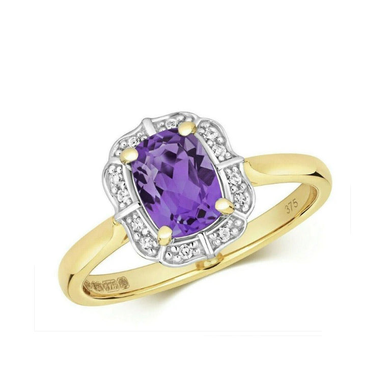 9ct Yellow Gold Amethyst and Diamond Ring Cushion Engagement Size JKLMNOPQ