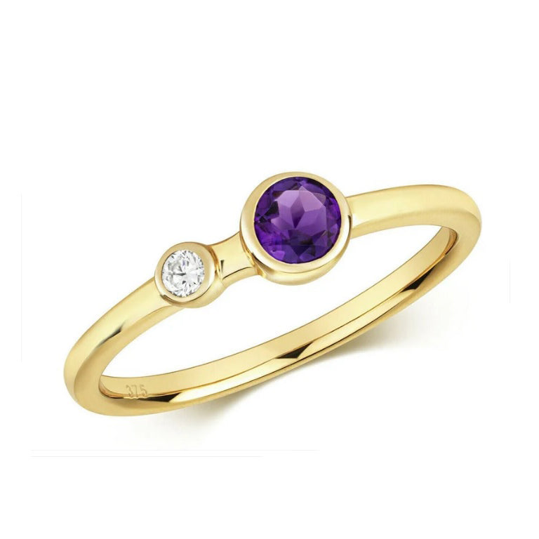 Real Amethyst and Diamond Ring Solid Yellow Gold Elegant Two Stone Ring Size J-Q