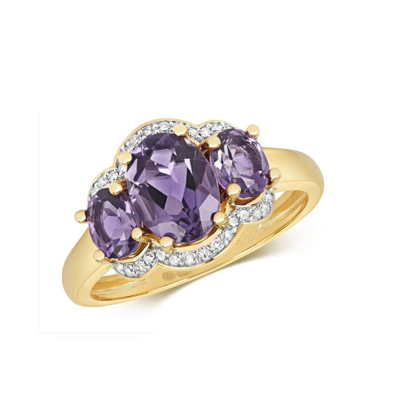 Real Amethyst and Diamond Ring Solid Yellow Gold Three Stone Oval Gems Size J-Q