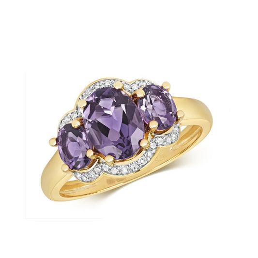 Real Amethyst and Diamond Ring Solid Yellow Gold Three Stone Oval Gems Size J-Q