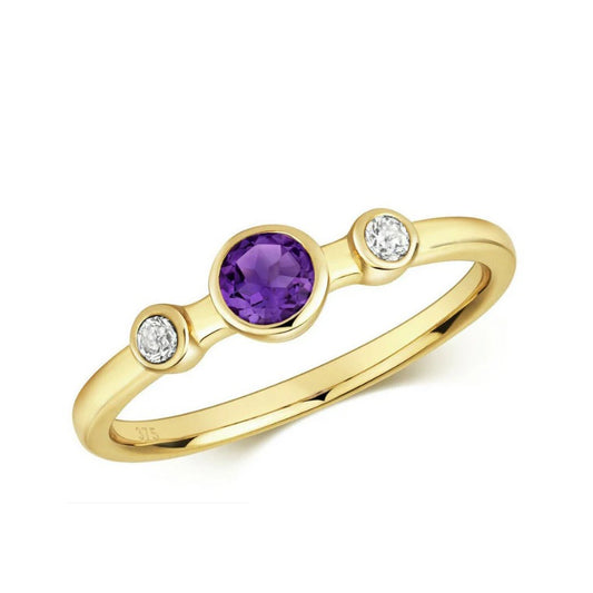 Real Amethyst and Diamond Ring Solid Yellow Gold Three Stone Trilogy Size J - Q
