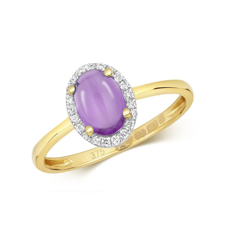 Real Amethyst Cabochon and Diamond Ring Solid Yellow Gold Oval Cluster Size J-Q
