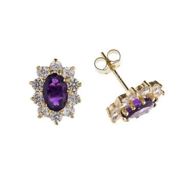 9ct Gold Amethyst Stud Earrings Yellow Gold Cluster February Birthstone Hallmark