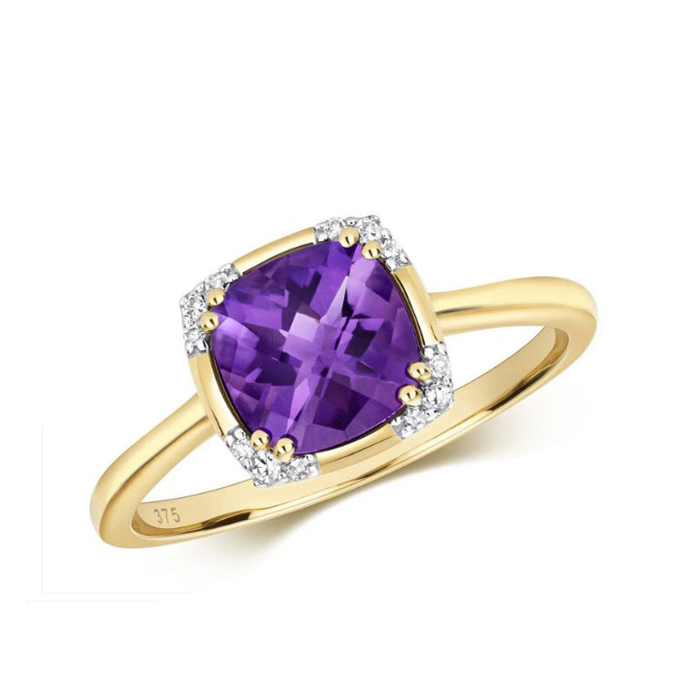Real Amethyst and Diamond Ring Solid Yellow Gold 7mm Cushion Solitaire Size J-Q