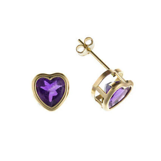 9ct Gold Amethyst Heart Earrings Yellow Gold Stud February Birthstone Hallmark