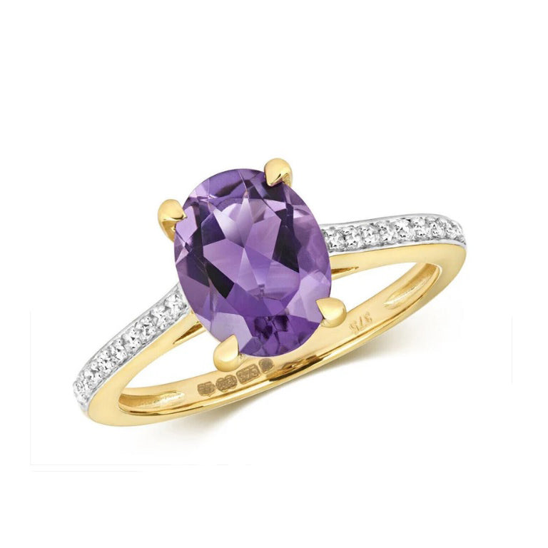 Real Amethyst and Diamond Ring Solid Yellow Gold Oval Solitaire Size J - Q