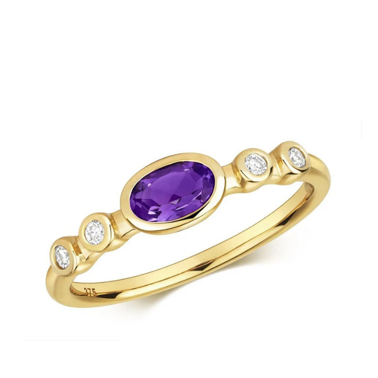 Real Amethyst Oval Solitaire and Diamond Ring Solid Yellow Gold Size J - Q