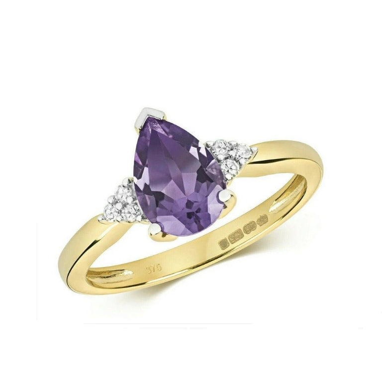 Real Amethyst and Diamond Pear Ring Solitaire Solid Yellow Gold Size J - Q