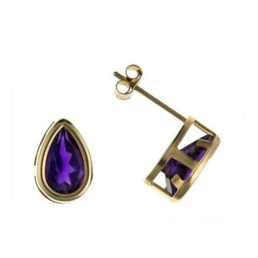 9ct Gold Amethyst Pear Stud Earrings Yellow Gold Solitaire February Birthstone