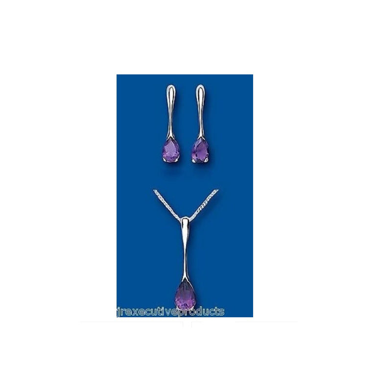Amethyst Set Solid Sterling Silver Pendant and Drop Earrings Natural Stones
