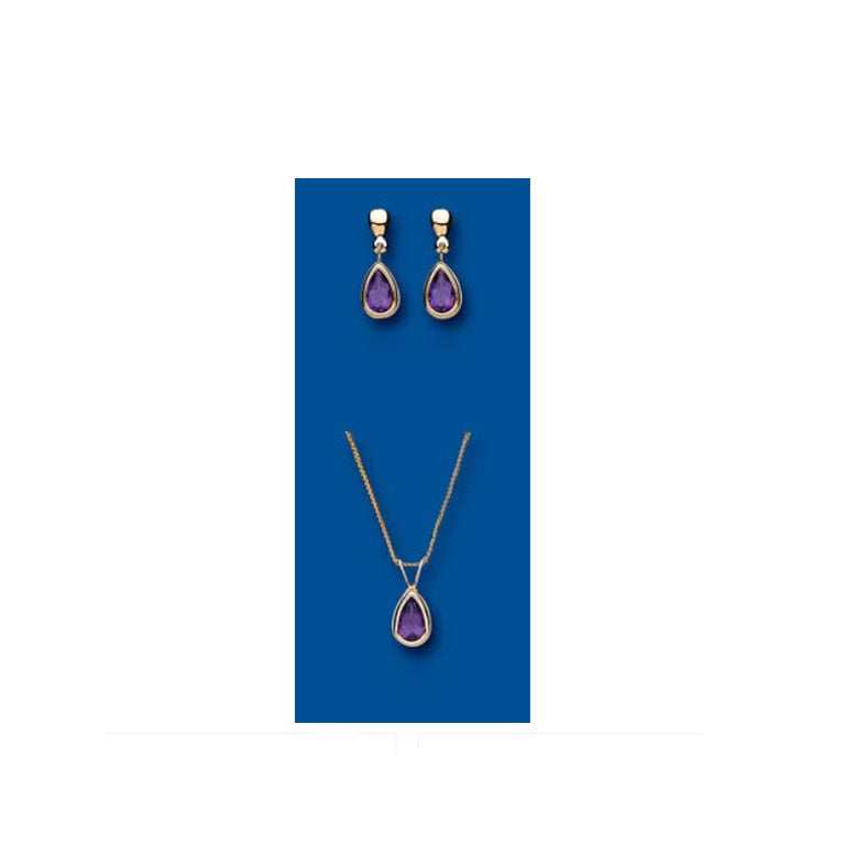 Amethyst Pendant and Earrings Set Solid Yellow Gold Hallmarked Drop Earrings