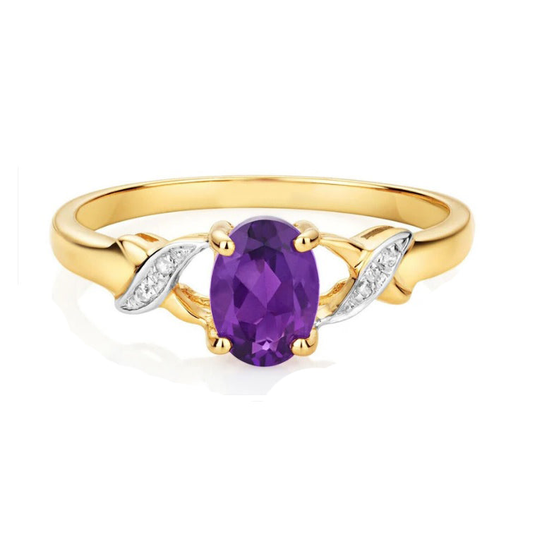 Amethyst and Diamond Ring Oval Solitaire 9ct Yellow Gold Real Stones