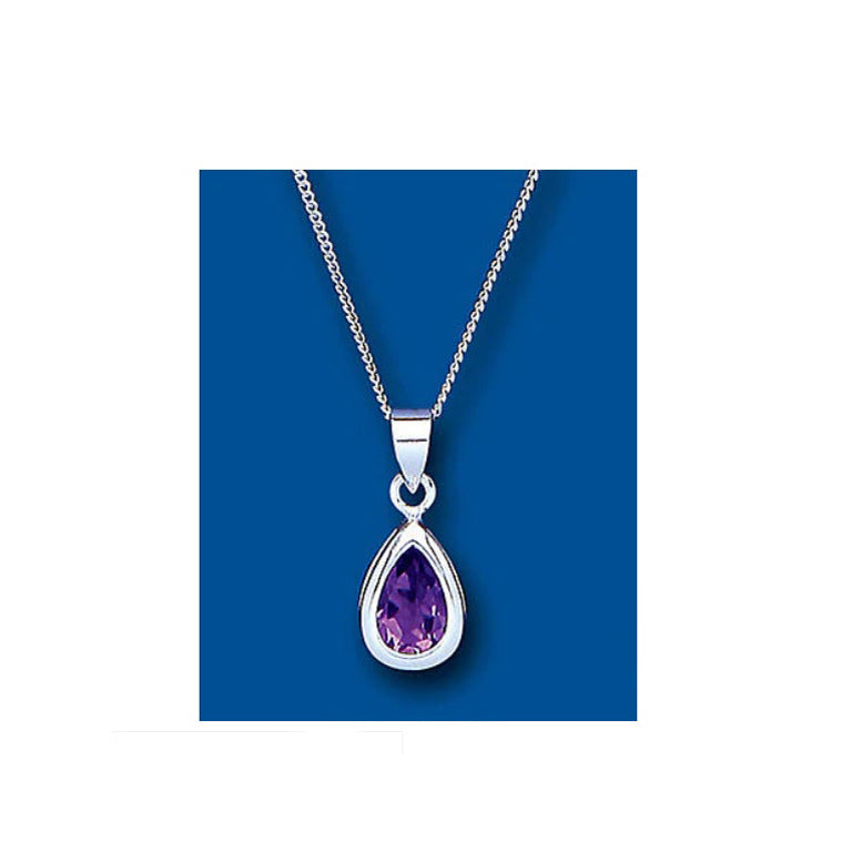 Amethyst Pendant Solitaire Solid Sterling Silver Smooth Rub Over Setting 18"