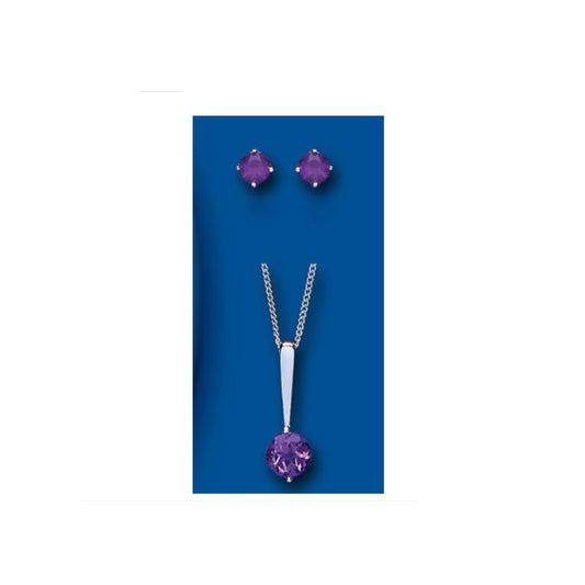 Amethyst Pendant and Earrings Set Solitaire Solid Sterling Silver