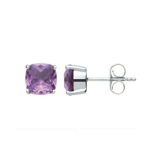 Amethyst Cushion Solitaire Earrings Sterling Silver Rhodium Plate 925 Hallmark