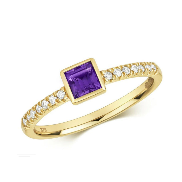 9ct Yellow Gold Amethyst and Diamond Ring Square Solitaire Engagement Size J - Q