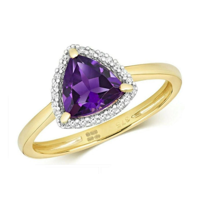 Real Amethyst and Diamond Ring Solid Yellow Gold Trillion Cluster Size J - Q
