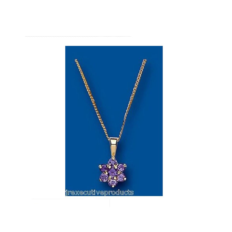Yellow Gold Amethyst Pendant Cluster 18" Chain Hallmark Real Stone British Made