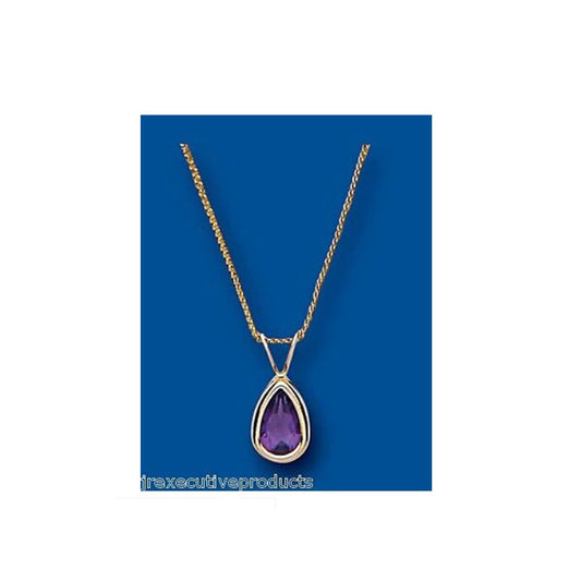 Real Amethyst Pendant Yellow Gold Pear Solitaire 18" Chain Hallmarked British