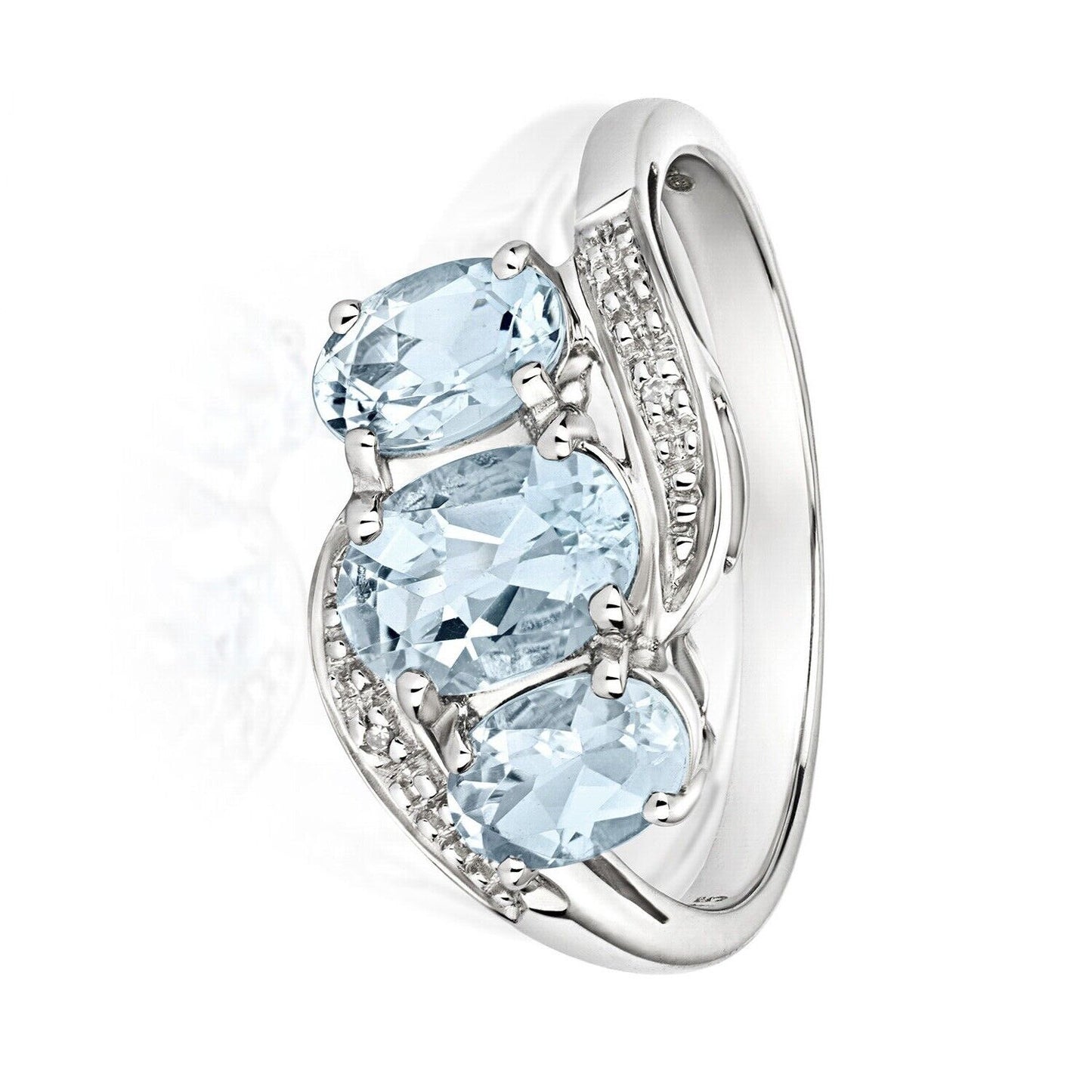 J R Jewellery aquamarine diamond white gold ring with three oval aquamarine stones and small diamonds
