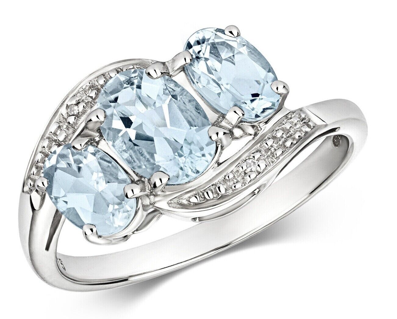 J R Jewellery aquamarine diamond white gold ring featuring three oval aquamarine stones with diamond accents