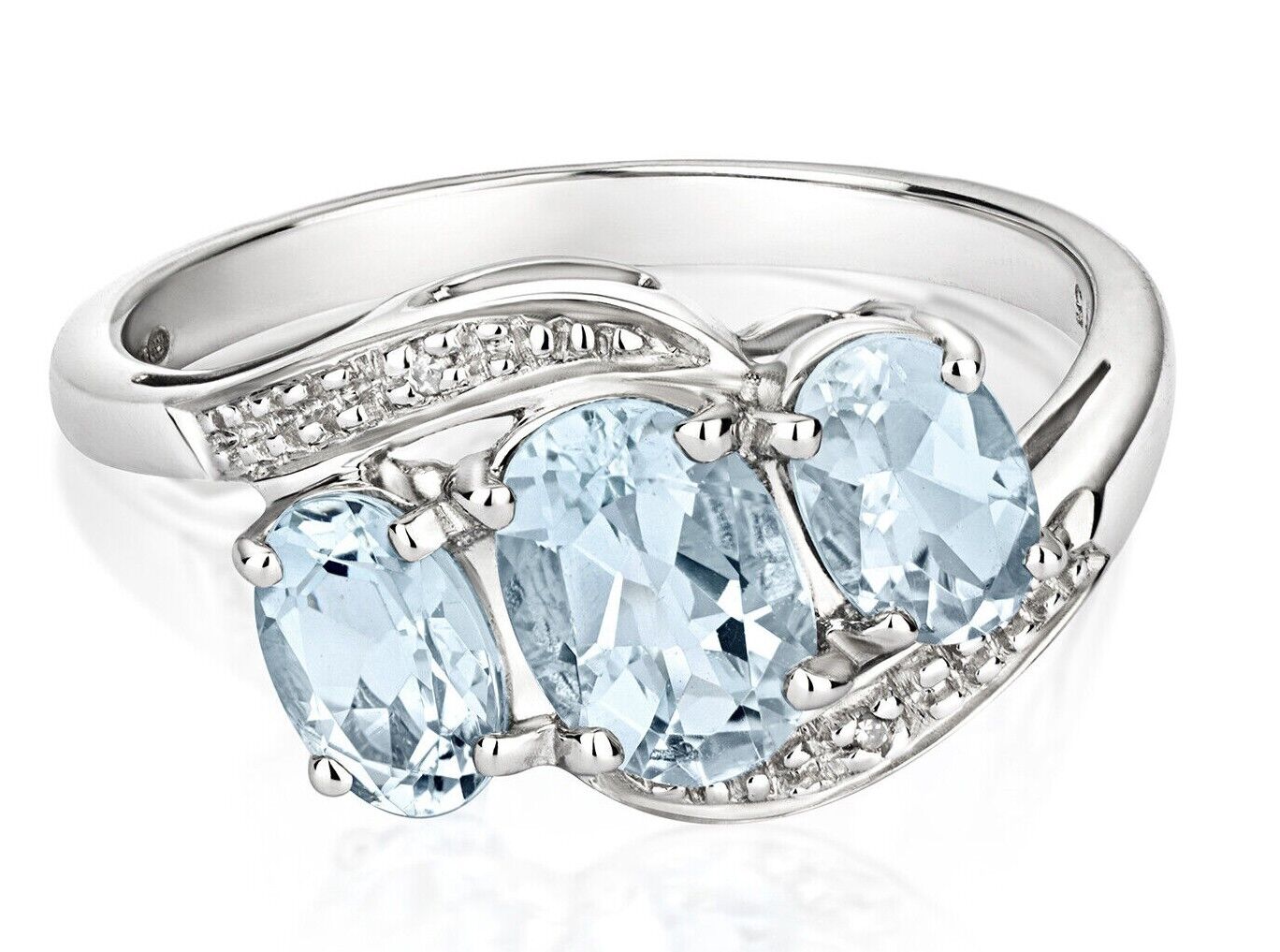 Aquamarine diamond white gold ring with three oval aquamarine stones and small diamonds on the band