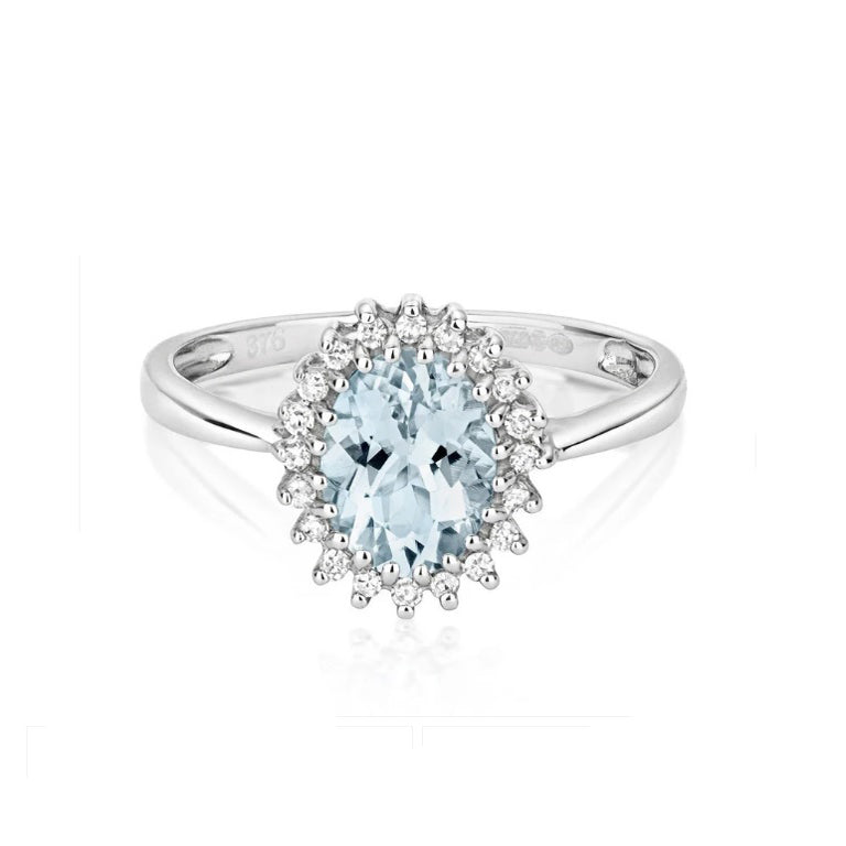 Real Aquamarine and Diamond Ring Solid White Gold Cluster Engagement Size J - Q