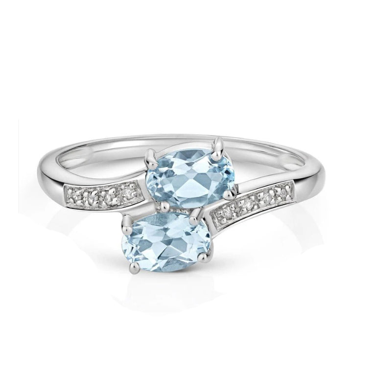 Real Aquamarine and Diamond Crossover Ring 9ct White Gold Size J - Q
