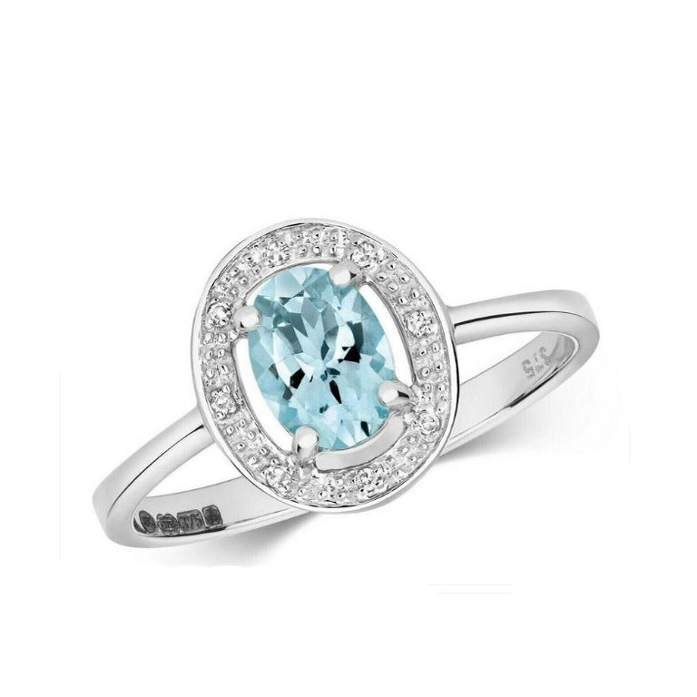 Real Aquamarine and Diamond Ring Solid White Gold Oval Halo Cluster Size J-Q