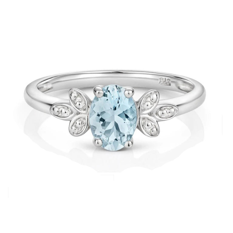 Aquamarine and Diamond Ring Leaf Design Shoulders 9ct White Gold Size J - Q