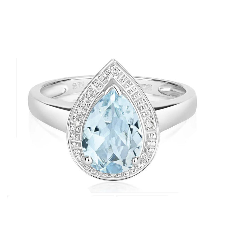 Real Aquamarine and Diamond Ring Solid White Gold Pear Teardrop Size JKLMNOPQ