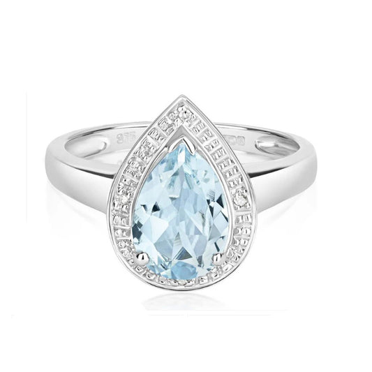 Real Aquamarine and Diamond Ring Solid White Gold Pear Teardrop Size JKLMNOPQ