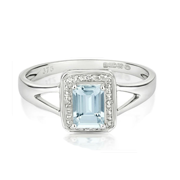 Real Aquamarine and Diamond Ring Solid White Gold Emerald Cut Cluster Size J-Q