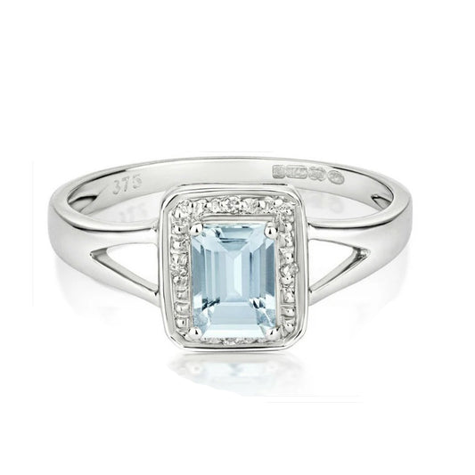Real Aquamarine and Diamond Ring Solid White Gold Emerald Cut Cluster Size J-Q