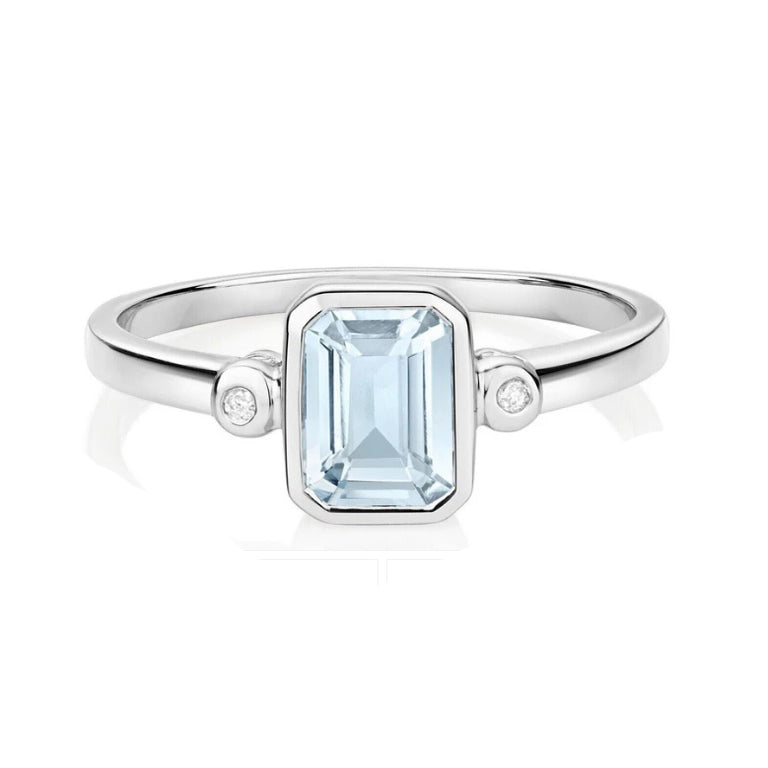 Real Aquamarine and Diamond Ring Solid White Gold Emerald Cut Solitaire Size J-Q
