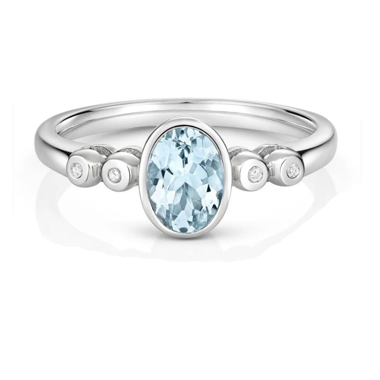 Real Aquamarine and Diamond Ring Solid White Gold Oval Solitaire Size J-Q
