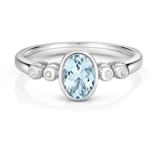 Real Aquamarine and Diamond Ring Solid White Gold Oval Solitaire Size J-Q