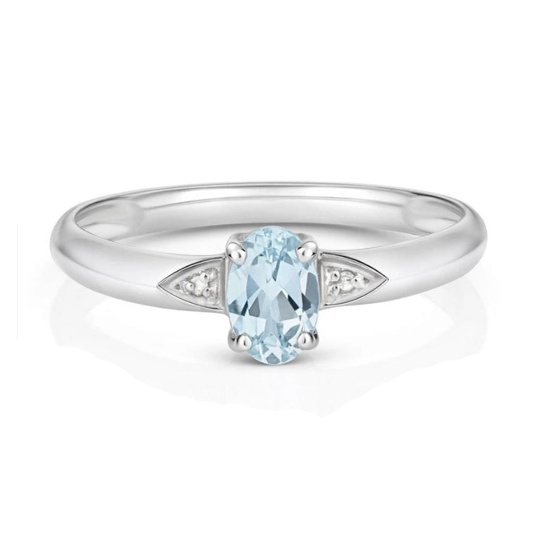Real Aquamarine and Diamond Ring Solid 9ct White Gold Size J - Q