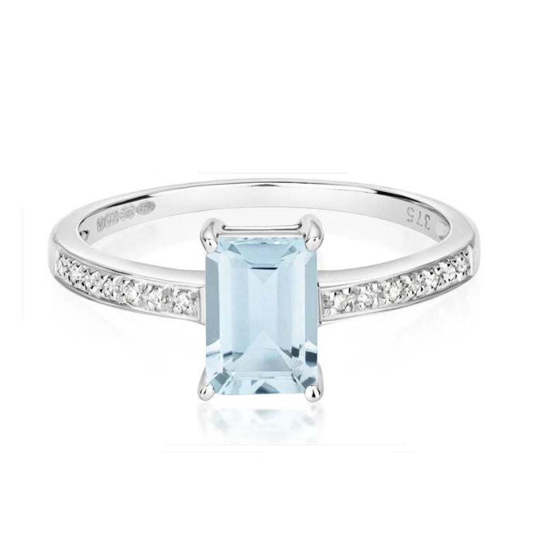 Real Aquamarine and Diamond Ring Solid White Gold Emerald Cut Solitaire Size J-Q