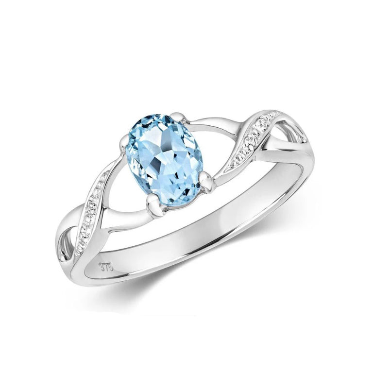 9ct White Gold Aquamarine and Diamond Ring Oval Solitaire Twist Shoulders