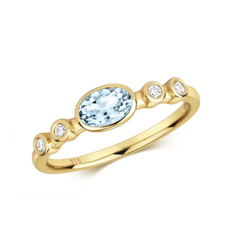 Real Aquamarine Oval Solitaire and Diamond Ring Solid Yellow Gold Size J - Q
