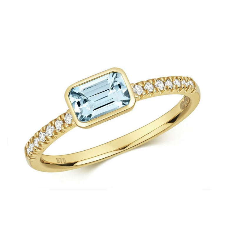 Real Aquamarine and Diamond Ring Solid Yellow Gold Emerald Cut Size J - Q