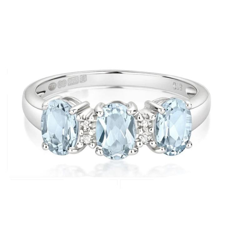9ct White Gold Aquamarine and Diamond Ring Three Stone Trilogy Size J - Q